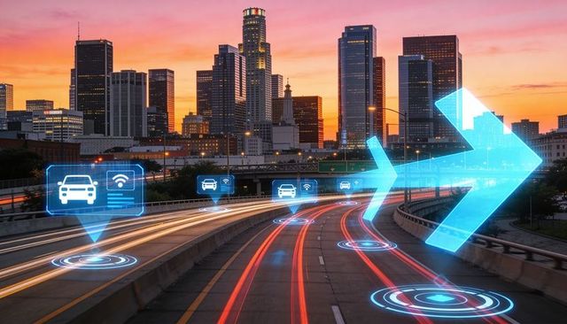 Autonomous highway navigation with augmented reality overlays, city skyline at sunset