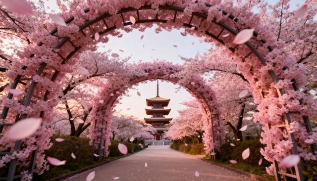 Cherry blossom arches leading to pagoda at golden hour, falling petals, tranquil garden