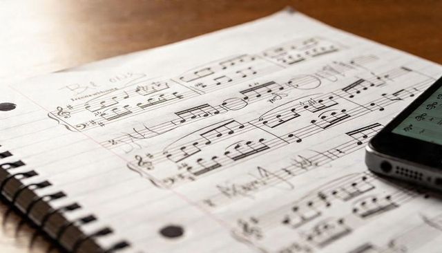 Showing handwritten music manuscript on spiral notebook with smartphone on wooden table