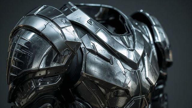 Futuristic chrome battle armor torso featuring layered pauldrons and scratched metal finish
