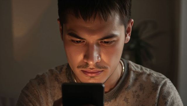Young man scrolling smartphone, warm low-light portrait, focused late-night concentration