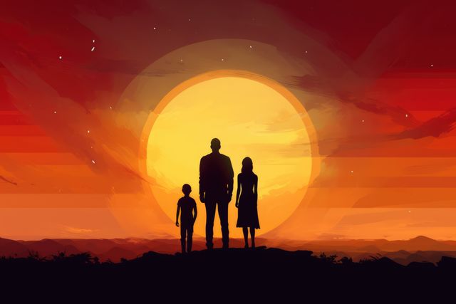 Illustration shows family standing on hill, admiring large setting sun with fiery red-orange sky. Perfect for family-themed concepts, presentations on nature, artwork emphasizing togetherness, serenity enveloped by warmth of sunset.