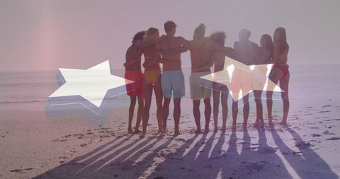 Diverse Friends Embracing at Beach with American Flag Overlay