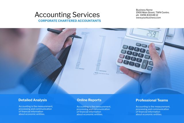 Depicts detailed and professional accounting services including financial analysis, online reports, and expert teams. Suitable for advertising tax preparation services, budget planning, and corporate account management.