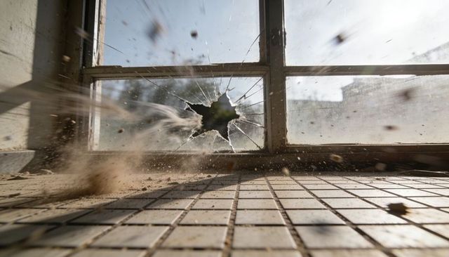 Star-shaped glass shattering and dust exploding across tiled floor, low-angle backlit scene
