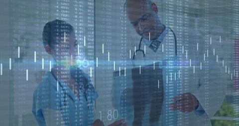 Healthcare Professionals Analyzing Digital Data Overlay in Hospital