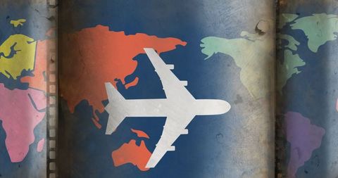 Airplane illustration over world map depicting global travel concept