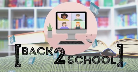 Virtual Back to School Concept with Books and Computer Screen