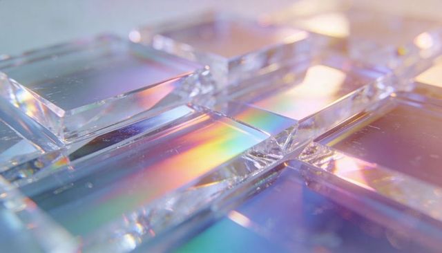 Iridescent prism tiles refracting rainbow light on acrylic grid with micro scratches