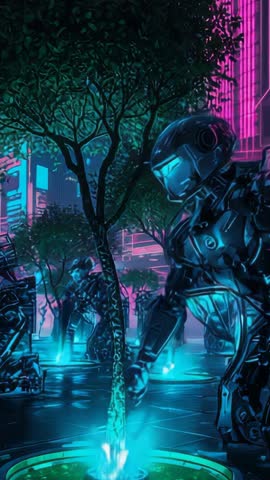 Kneeling Android Projecting Energy into Sapling in Neon Futuristic Plaza Vertical Video