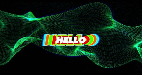 Abstract green digital wave with vibrant hello text