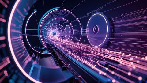 Futuristic Data Stream Flowing Through Neon Cyber Tunnel