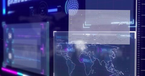 Projecting futuristic holographic interface with world map, data visualization hud neon