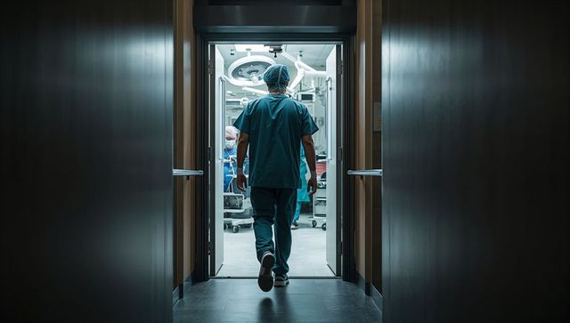 Walking surgeon entering operating room under surgical lights with team preparing surgery