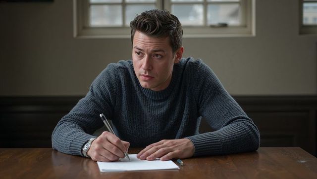 Thoughtful young man writing at wooden desk wearing dark gray knit sweater under soft window light