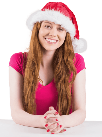 Happy Redhead Celebrating Christmas with Bright Smile and Santa Hat Transparency