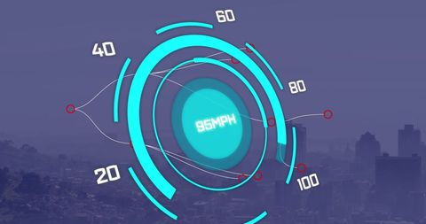 Futuristic Speedometer Interface Over Urban Skyline - Download Free Stock Images Pikwizard.com