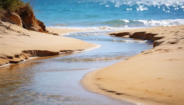 Tidal creek winding through golden sandbanks toward sparkling turquoise ocean