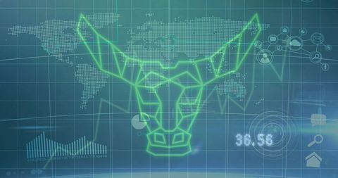 Glowing neon bull head projecting over global financial dashboard and analytics interface