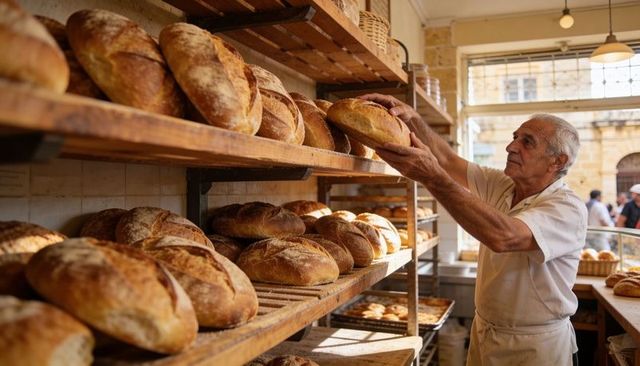 Senior baker placing fresh sourdough loaves on rustic wooden shelves in sunlit bakery