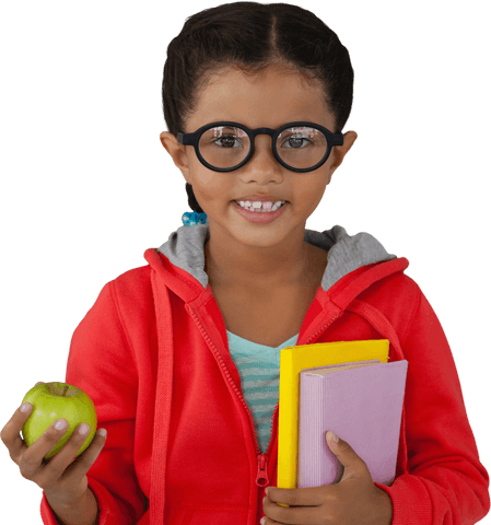 Cheerful Student Holding Textbooks and Apple, Transparent Background