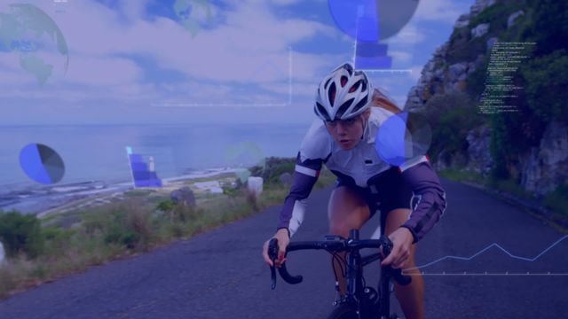 A woman focuses on cycling along a scenic coastal road. Several futuristic data overlays and graphs highlight technology use in monitoring fitness and cycling performance. This visual can suit tech startups targeting health analytics, advertising modern sports gear, or illustrating concepts in digital transformation and sports technology.