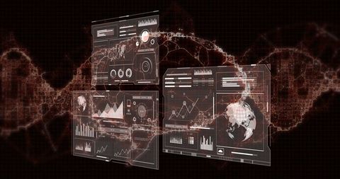 Futuristic holographic data dashboard showing dna helix, global analytics and interactive charts