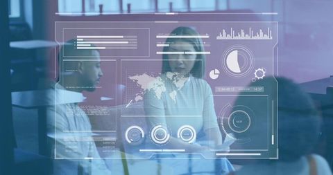 Presenting team collaborating with augmented analytics overlay in modern boardroom