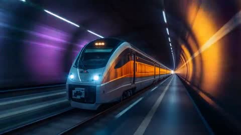 High-speed passenger train racing through neon-lit tunnel toward bright exit light