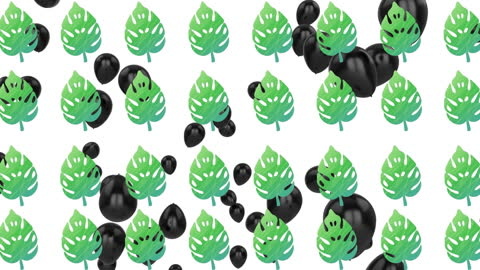Tropical Leaf Seamless Pattern with Floating Black Balloons