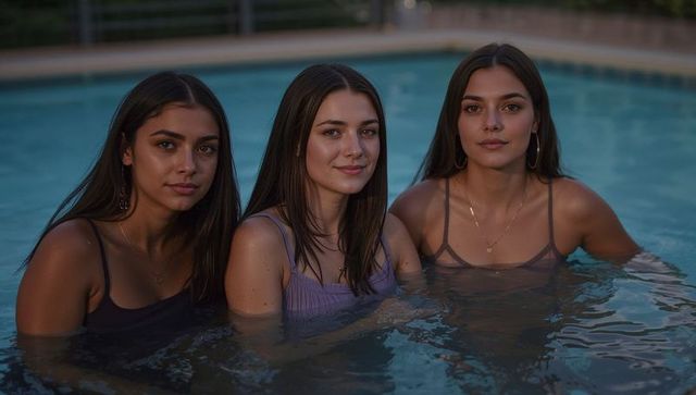 Three young women posing in pool at dusk wearing thin-strap swimsuits and hoop earrings