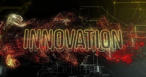 Glowing innovation neon typography emitting gold and red particle streams on dark circuit
