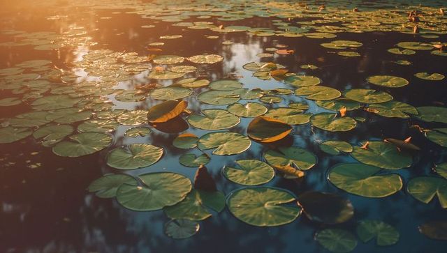 Golden Sunlight Reflecting on Water with Lily Pads