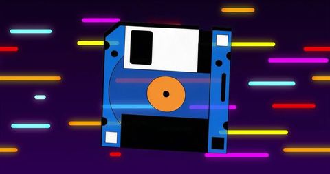 Retro floppy disk illuminating digital domain with neon streaks