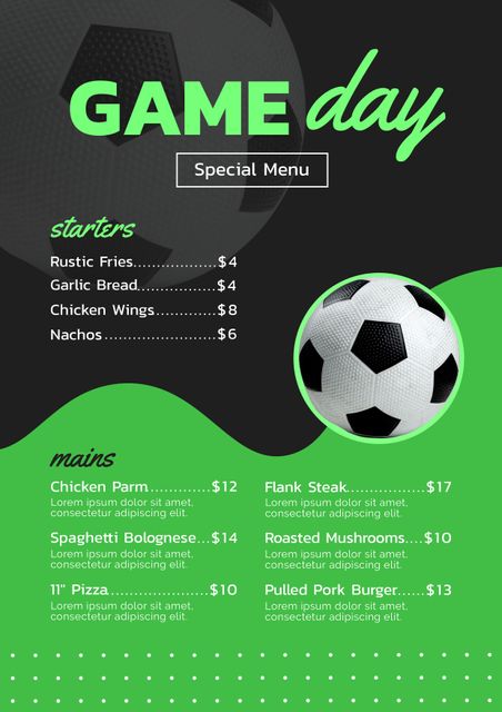 This game day special menu features a variety of delicious food options perfect for cheering on your favorite team. The menu is presented in an engaging football theme, making it ideal for sports bars, restaurants during sports events, or a themed party at home. The clear categorization of starters and mains, along with vibrant colors and sports imagery, ensures easy readability and a fun, festive atmosphere.