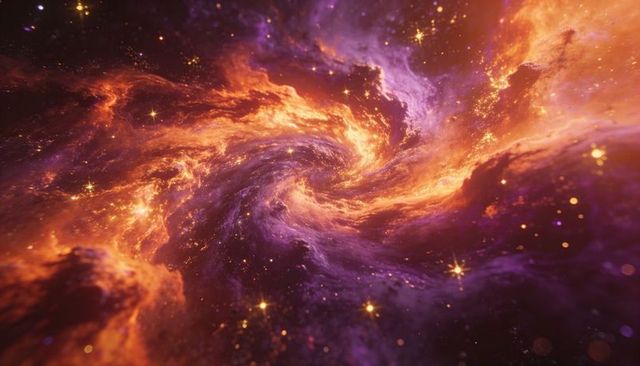 Spiral nebula vortex radiating purple-orange gas with glowing stars and cosmic dust