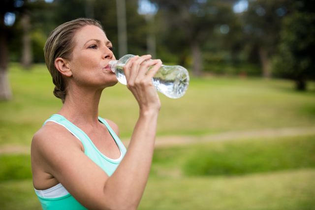 Female athlete drinking water in park on sunny a day