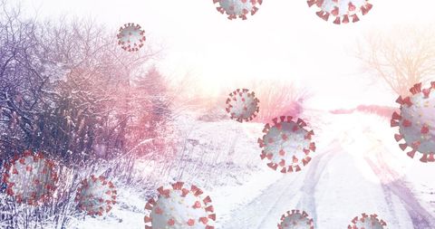 Covid-19 Cells Floating Over Winter Landscape, Pandemic Concept