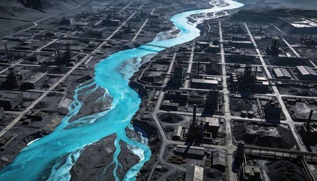 Aerial industrial landscape with winding turquoise river cutting through mining complex