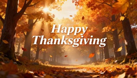 Golden Autumn Forest Path with Floating Happy Thanksgiving Text and Sunbeams
