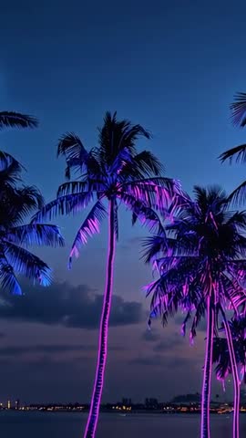 Neon Palm Trees Swaying on Bayfront at Dusk Vertical Video with Violet-Blue Glow