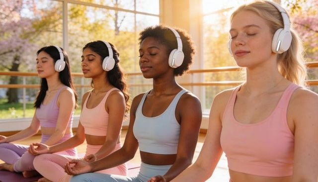Women meditating with headphones in sunlit studio wearing pastel activewear for mindfulness
