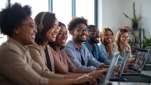 Smiling diverse team collaborating on laptops during video conference in modern office