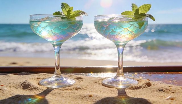 Iridescent mermaid-scale coupe glasses holding turquoise cocktails with mint on sand