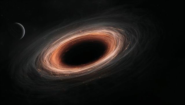 Simulated black hole with glowing accretion disk in deep space