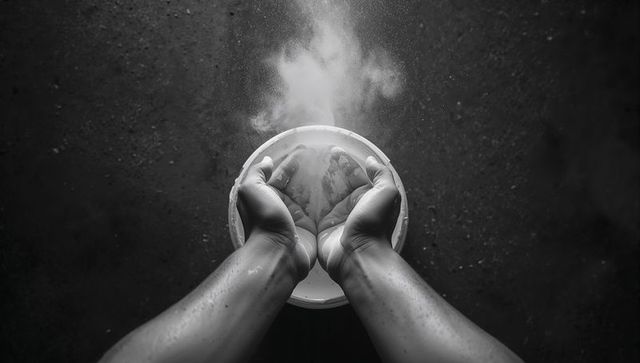 Hands holding steaming powder bowl over textured concrete minimal monochrome top view