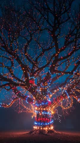 Vertical video showing bare tree lighting with fading bulbs and rising sparks at night