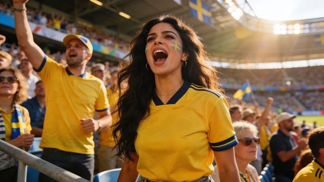 Swedish football fan cheering in yellow jersey and face paint, vibrant stadium crowd