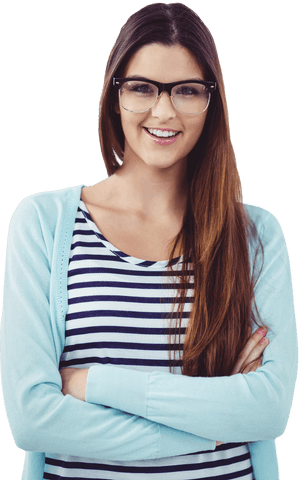 young woman wearing glasses, standing confidently with her arms crossed. long hair and casual outfit create a relaxed yet professional look, ideal for business, marketing, or personal branding materials. transparent background offers easy integration into various projects.