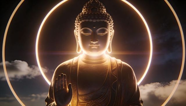 Golden buddha halo radiating celestial light, raised palm, serene temple icon